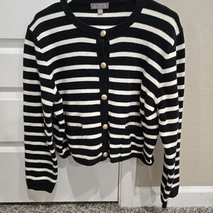 J. Crew Black and White Striped Button-Front Cardigan with Gold Buttons